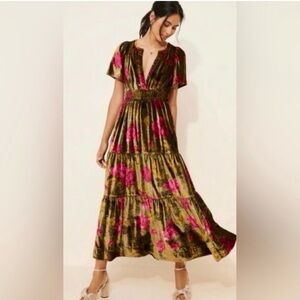 Anthropologie Pink and Brown Velvet Maxi Dress